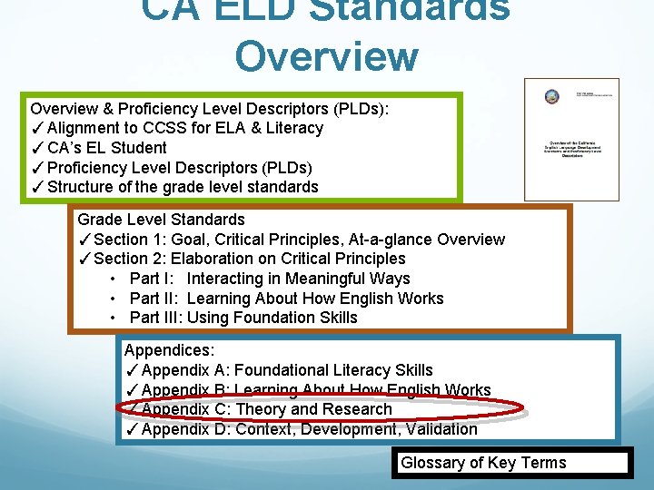 CA ELD Standards Overview & Proficiency Level Descriptors (PLDs): ✓Alignment to CCSS for ELA