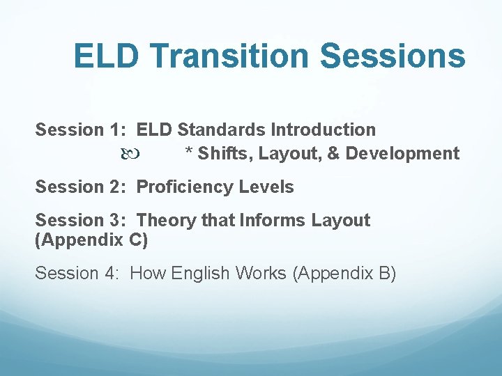 ELD Transition Sessions Session 1: ELD Standards Introduction * Shifts, Layout, & Development Session