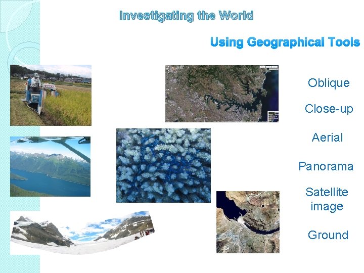 Investigating the World Using Geographical Tools Oblique Close-up Aerial Panorama Satellite image Ground Level