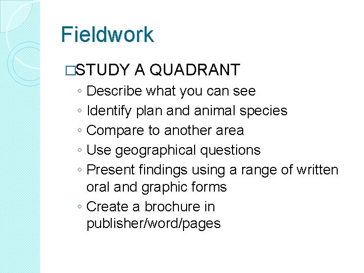Fieldwork �STUDY A QUADRANT ◦ ◦ ◦ Describe what you can see Identify plan