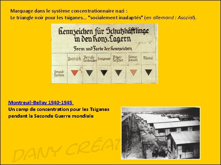 Marquage dans le système concentrationnaire nazi : Le triangle noir pour les tsiganes. .