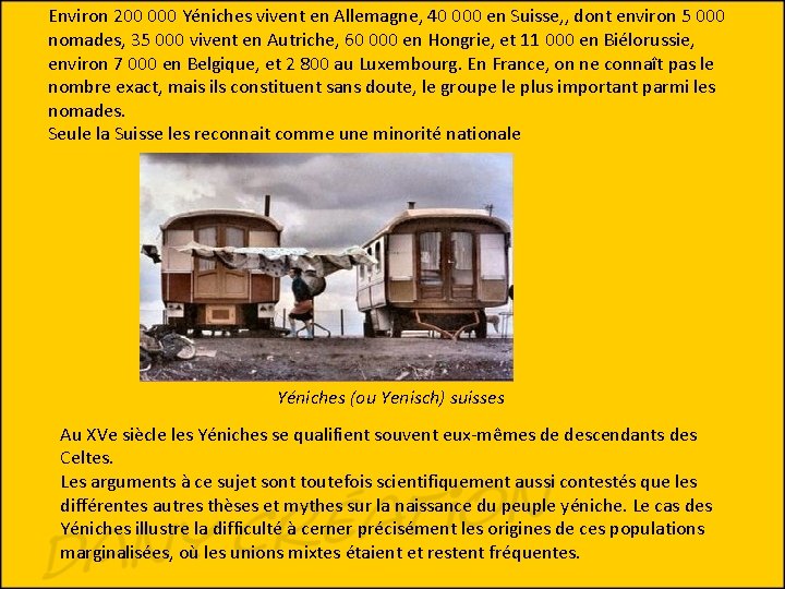 Environ 200 000 Yéniches vivent en Allemagne, 40 000 en Suisse, , dont environ