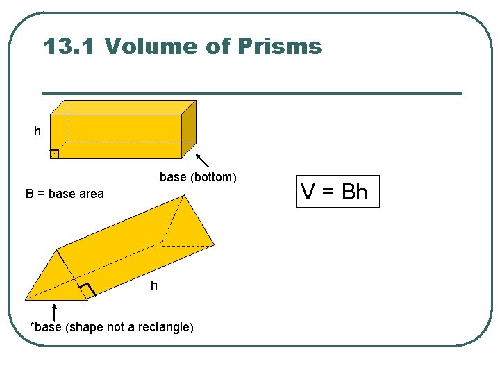 13. 1 Volume of Prisms h base (bottom) B = base area h *base