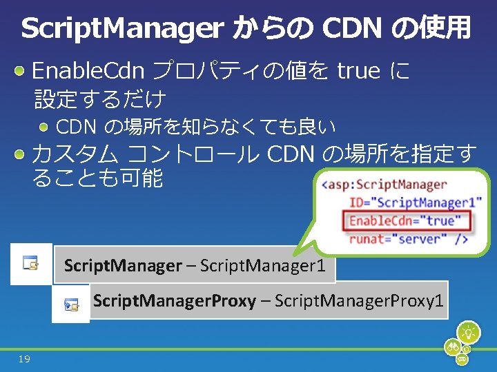 Script. Manager からの CDN の使用 Enable. Cdn プロパティの値を true に 　設定するだけ CDN の場所を知らなくても良い カスタム