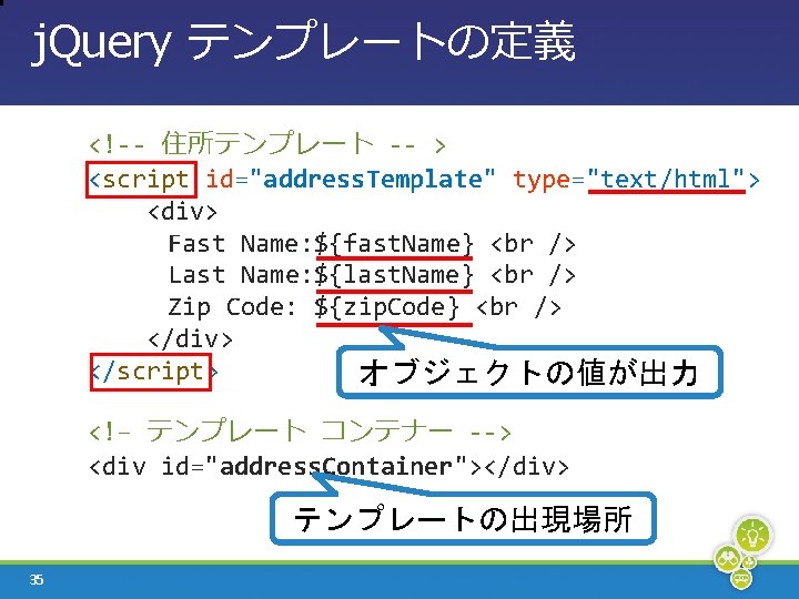 j. Query テンプレートの定義 <!-- 住所テンプレート -- > <script id="address. Template" type="text/html"> <div> Fast Name: