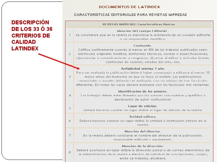 DESCRIPCIÓN DE LOS 33 Ó 36 CRITERIOS DE CALIDAD LATINDEX 