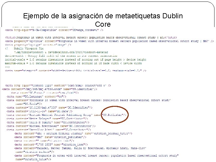 Ejemplo de la asignación de metaetiquetas Dublin Core 