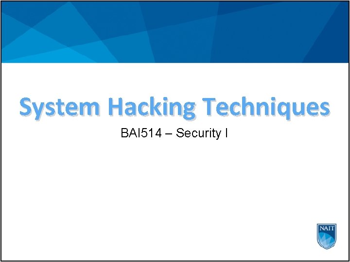 System Hacking Techniques BAI 514 – Security I 