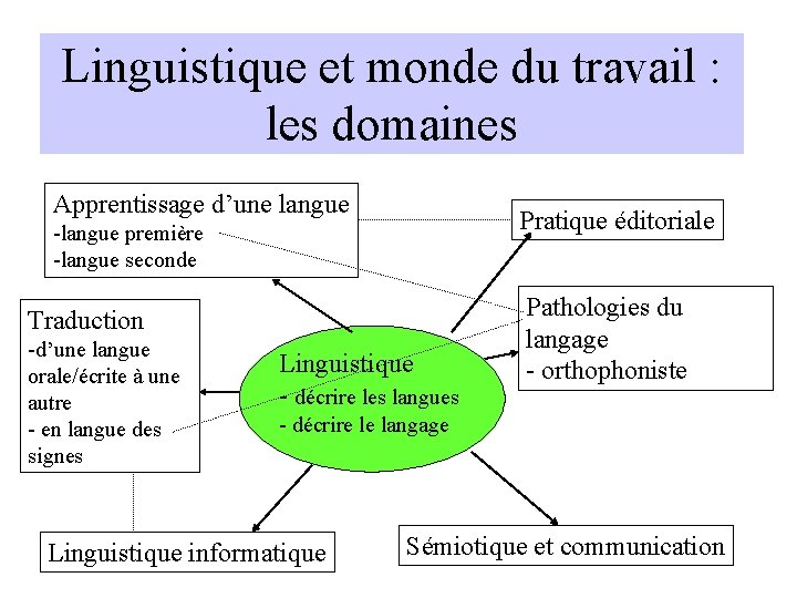 Linguistique et monde du travail : les domaines Apprentissage d’une langue Pratique éditoriale -langue