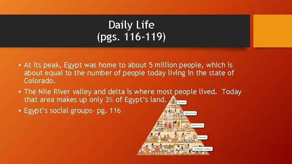 Daily Life (pgs. 116 -119) • At its peak, Egypt was home to about