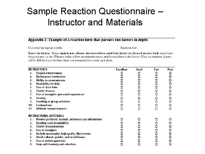 Sample Reaction Questionnaire – Instructor and Materials 