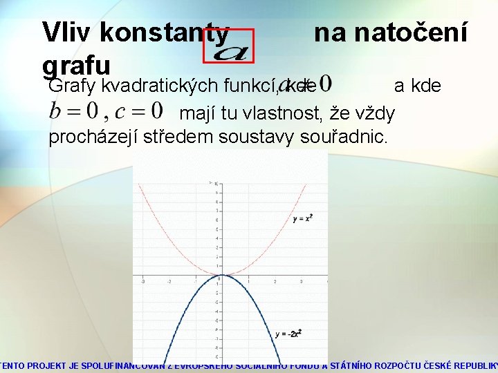 Vliv konstanty grafu na natočení Grafy kvadratických funkcí, kde a kde mají tu vlastnost,