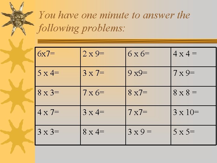 You have one minute to answer the following problems: 6 x 7= 2 x