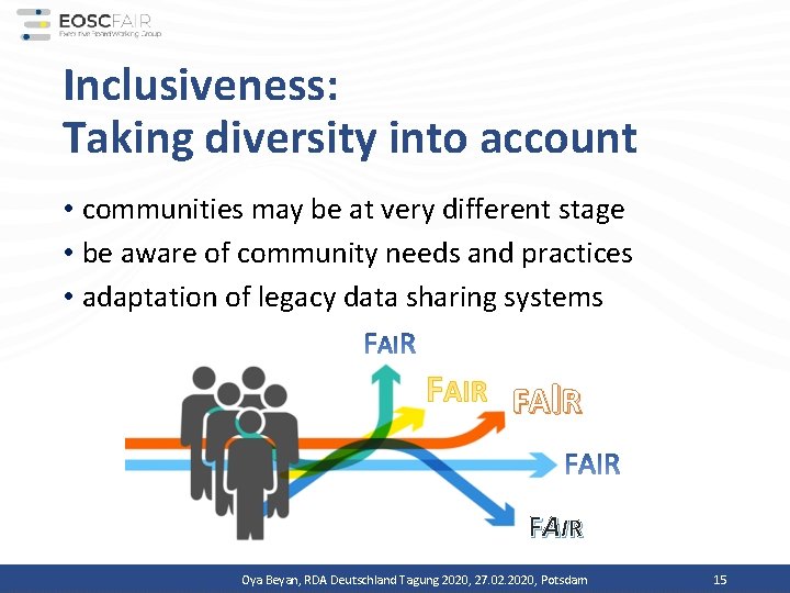 Inclusiveness: Taking diversity into account • communities may be at very different stage •