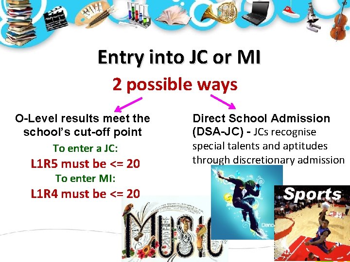 Entry into JC or MI 2 possible ways O-Level results meet the school’s cut-off Entry into JC or MI 2 possible ways O-Level results meet the school’s cut-off
