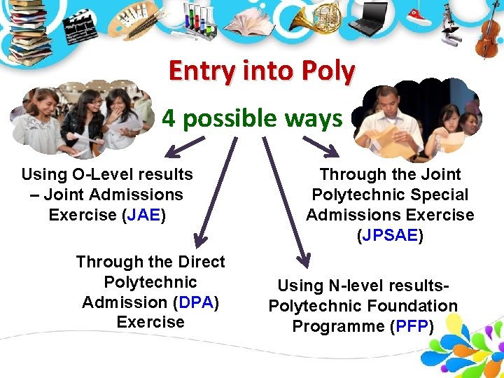 Entry into Poly 4 possible ways Using O-Level results – Joint Admissions Exercise (JAE) Entry into Poly 4 possible ways Using O-Level results – Joint Admissions Exercise (JAE)