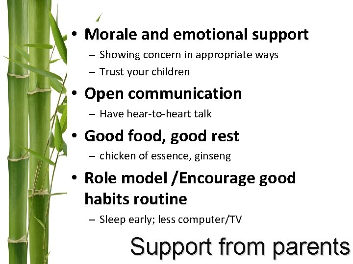 • Morale and emotional support – Showing concern in appropriate ways – Trust • Morale and emotional support – Showing concern in appropriate ways – Trust
