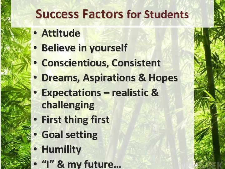 Success Factors for Students • • • Attitude Believe in yourself Conscientious, Consistent Dreams, Success Factors for Students • • • Attitude Believe in yourself Conscientious, Consistent Dreams,