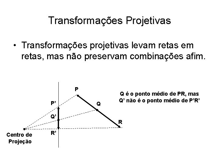 Transformações Projetivas • Transformações projetivas levam retas em retas, mas não preservam combinações afim.