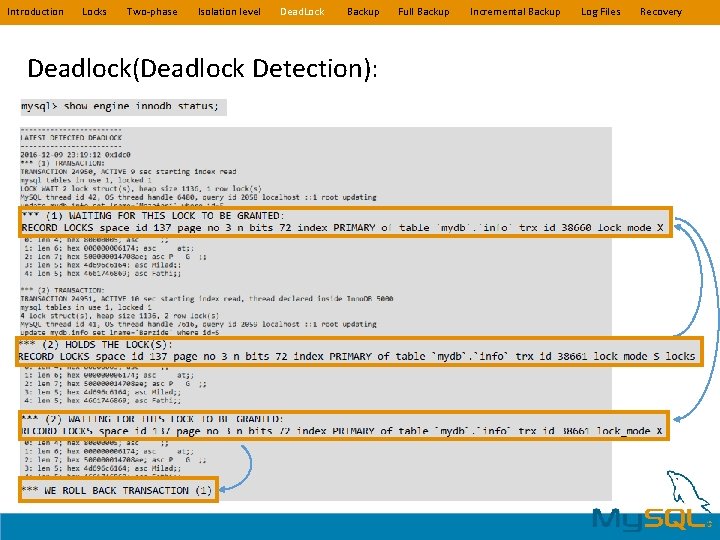 Introduction Locks Two-phase Isolation level Dead. Lock Backup Deadlock(Deadlock Detection): Full Backup Incremental Backup Introduction Locks Two-phase Isolation level Dead. Lock Backup Deadlock(Deadlock Detection): Full Backup Incremental Backup