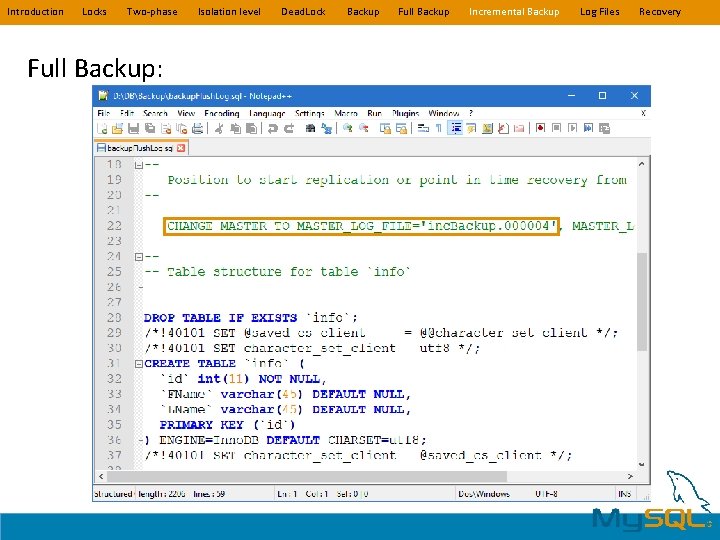 Introduction Locks Two-phase Full Backup: Isolation level Dead. Lock Backup Full Backup Incremental Backup Introduction Locks Two-phase Full Backup: Isolation level Dead. Lock Backup Full Backup Incremental Backup