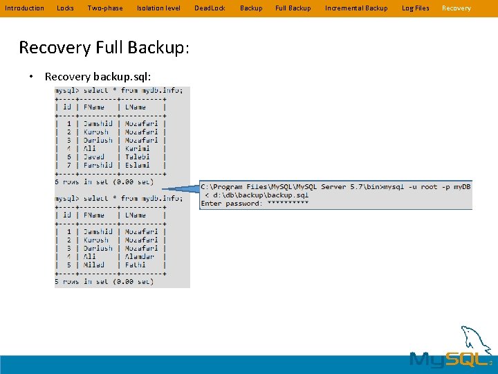 Introduction Locks Two-phase Isolation level Recovery Full Backup: • Recovery backup. sql: Dead. Lock Introduction Locks Two-phase Isolation level Recovery Full Backup: • Recovery backup. sql: Dead. Lock