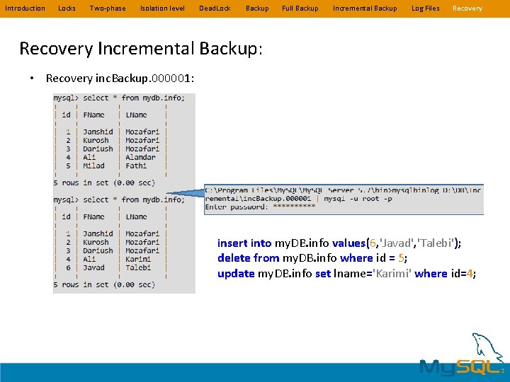 Introduction Locks Two-phase Isolation level Dead. Lock Backup Full Backup Incremental Backup Log Files Introduction Locks Two-phase Isolation level Dead. Lock Backup Full Backup Incremental Backup Log Files
