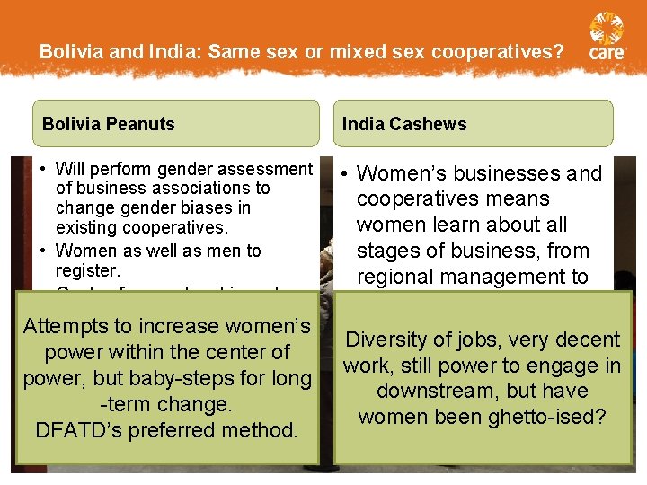 Bolivia and India: Same sex or mixed sex cooperatives? Bolivia Peanuts • Will perform
