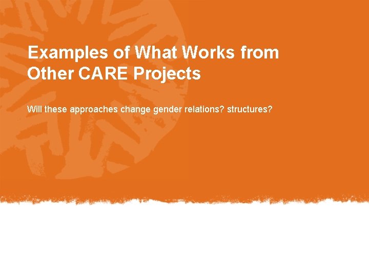 Examples of What Works from Other CARE Projects Will these approaches change gender relations?