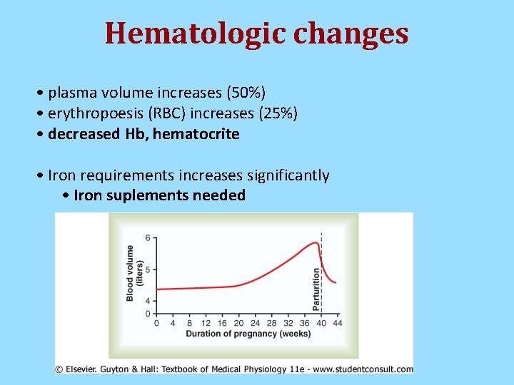 Hematologic changes • plasma volume increases (50%) • erythropoesis (RBC) increases (25%) • decreased Hematologic changes • plasma volume increases (50%) • erythropoesis (RBC) increases (25%) • decreased