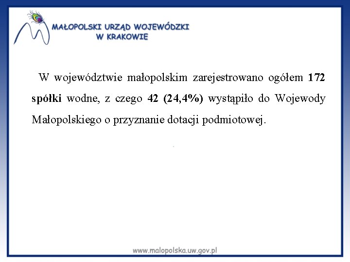  W województwie małopolskim zarejestrowano ogółem 172 spółki wodne, z czego 42 (24, 4%)