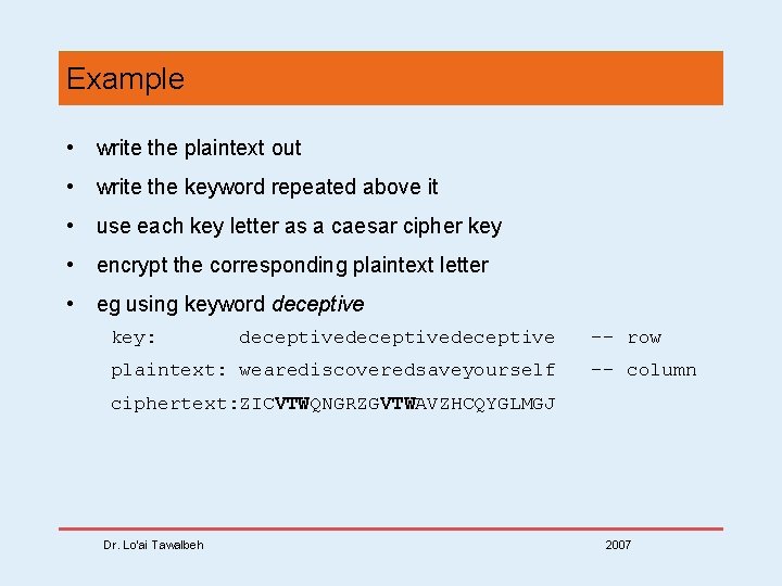 Example • write the plaintext out • write the keyword repeated above it •