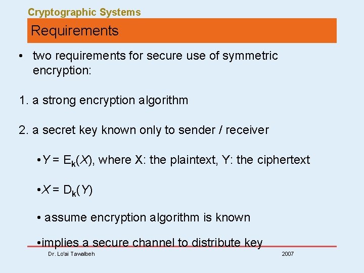 Cryptographic Systems Requirements • two requirements for secure use of symmetric encryption: 1. a