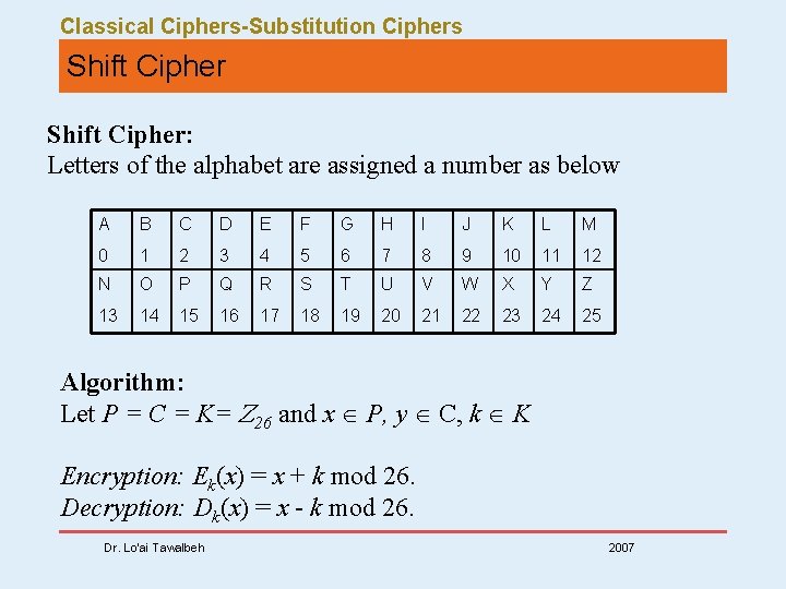 Classical Ciphers-Substitution Ciphers Shift Cipher: Letters of the alphabet are assigned a number as