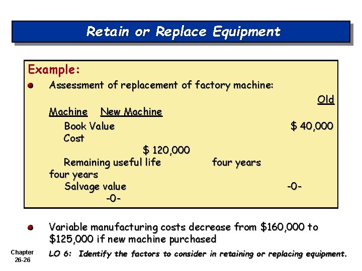 Retain or Replace Equipment Example: Assessment of replacement of factory machine: Machine New Machine