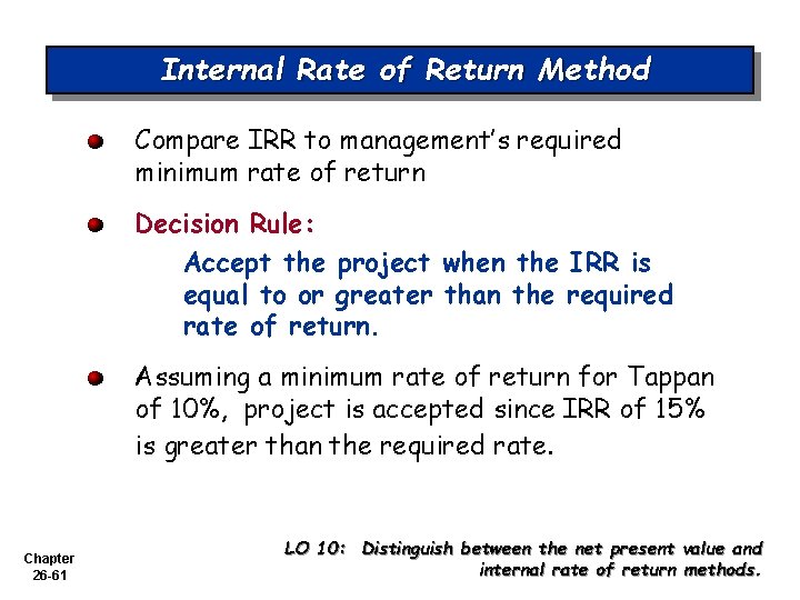 Internal Rate of Return Method Compare IRR to management’s required minimum rate of return