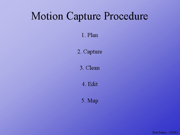 Motion Capture Procedure 1. Plan 2. Capture 3. Clean 4. Edit 5. Map Rick