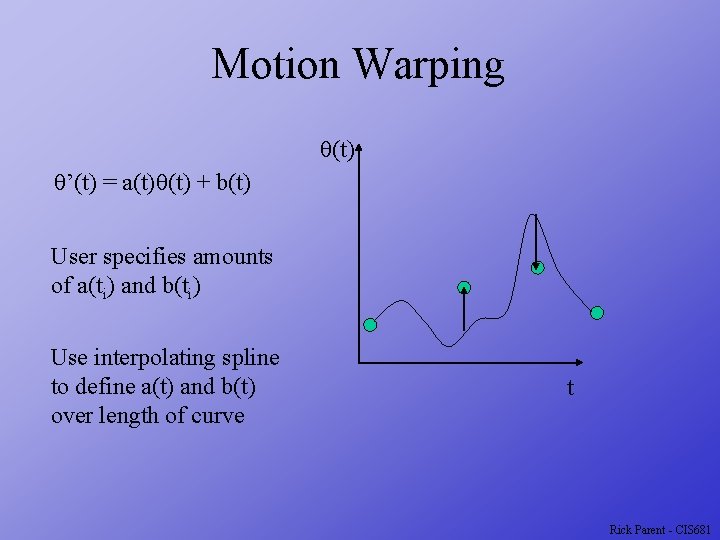 Motion Warping q(t) q’(t) = a(t)q(t) + b(t) User specifies amounts of a(ti) and