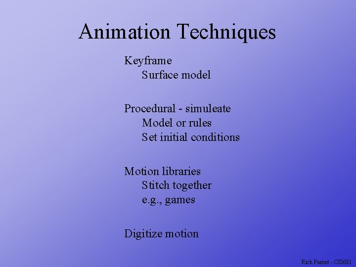 Animation Techniques Keyframe Surface model Procedural - simuleate Model or rules Set initial conditions