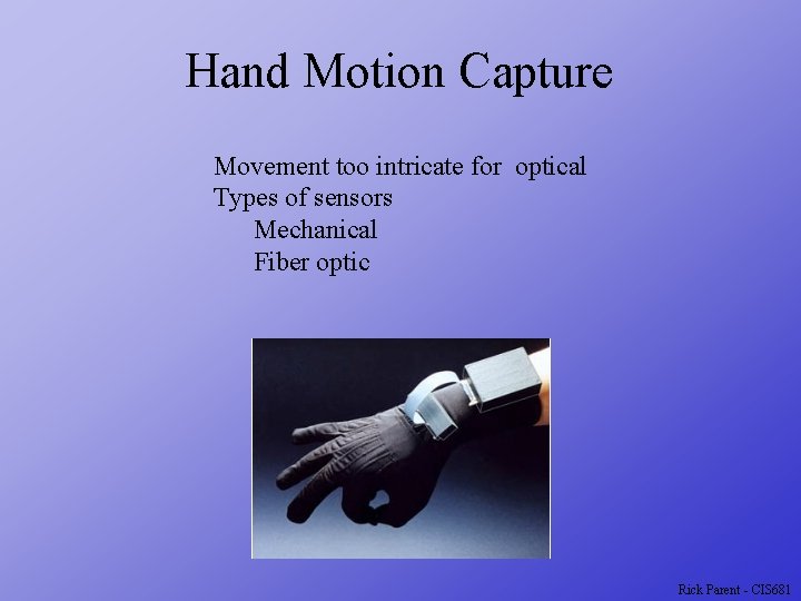 Hand Motion Capture Movement too intricate for optical Types of sensors Mechanical Fiber optic