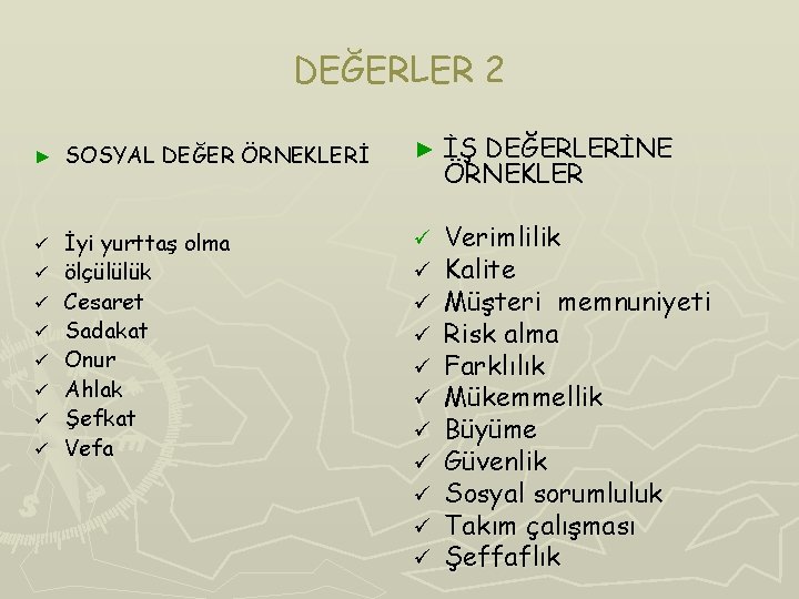 DEĞERLER 2 ► SOSYAL DEĞER ÖRNEKLERİ ► İŞ DEĞERLERİNE ÖRNEKLER ü İyi yurttaş olma