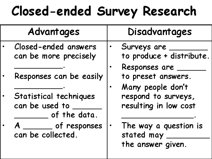 Closed-ended Survey Research Advantages • • Closed-ended answers can be more precisely _____. Responses