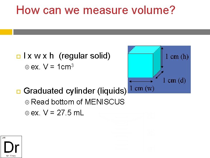 How can we measure volume? l x w x h (regular solid) ex. V