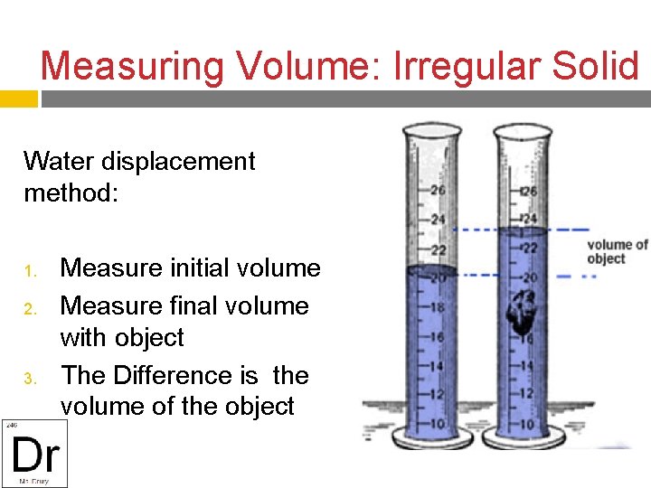 Measuring Volume: Irregular Solid Water displacement method: 1. 2. 3. Measure initial volume Measure