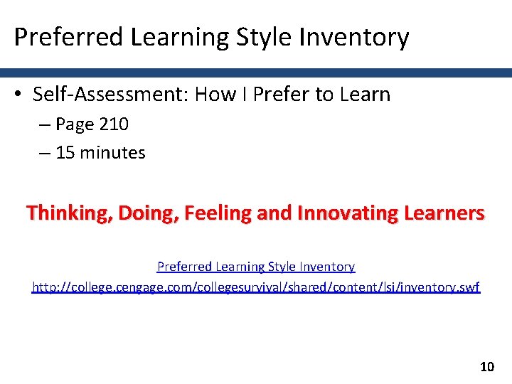 Preferred Learning Style Inventory • Self-Assessment: How I Prefer to Learn – Page 210