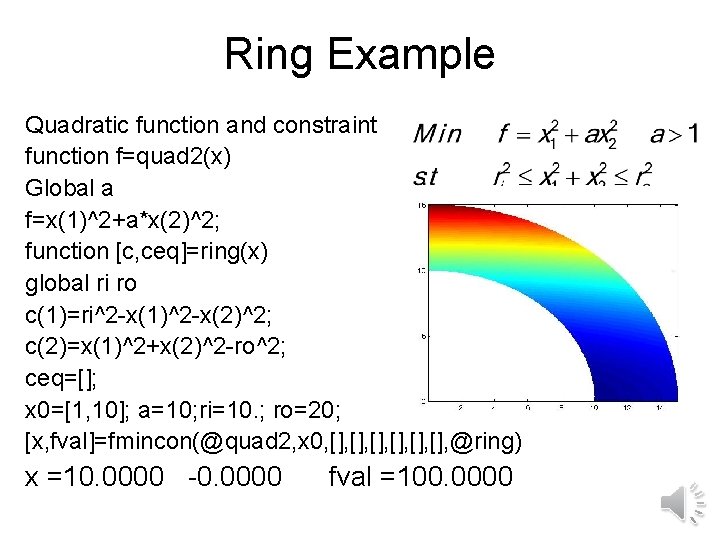 Ring Example Quadratic function and constraint function f=quad 2(x) Global a f=x(1)^2+a*x(2)^2; function [c,