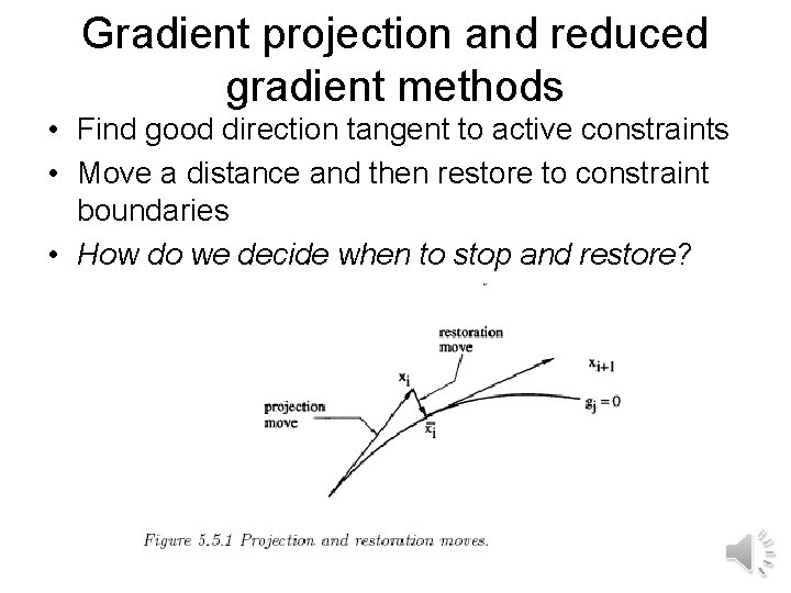Gradient projection and reduced gradient methods • Find good direction tangent to active constraints