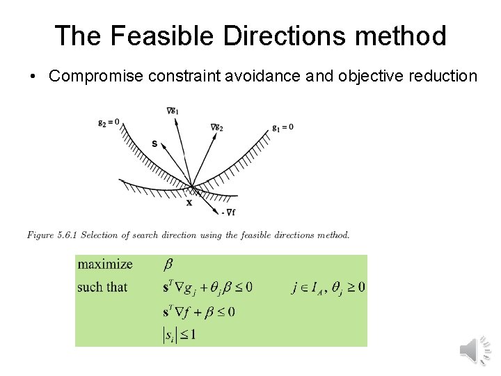 The Feasible Directions method • Compromise constraint avoidance and objective reduction 