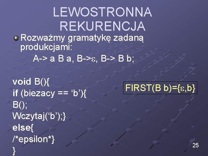 LEWOSTRONNA REKURENCJA Rozważmy gramatykę zadaną produkcjami: A-> a B a, B-> B b; void