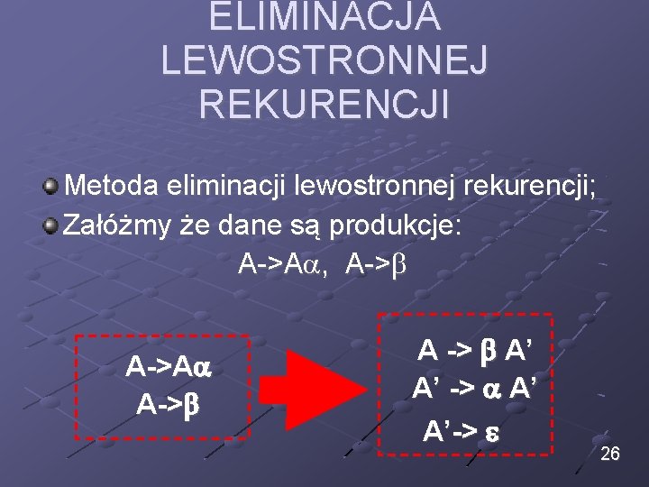 ELIMINACJA LEWOSTRONNEJ REKURENCJI Metoda eliminacji lewostronnej rekurencji; Załóżmy że dane są produkcje: A->A ,